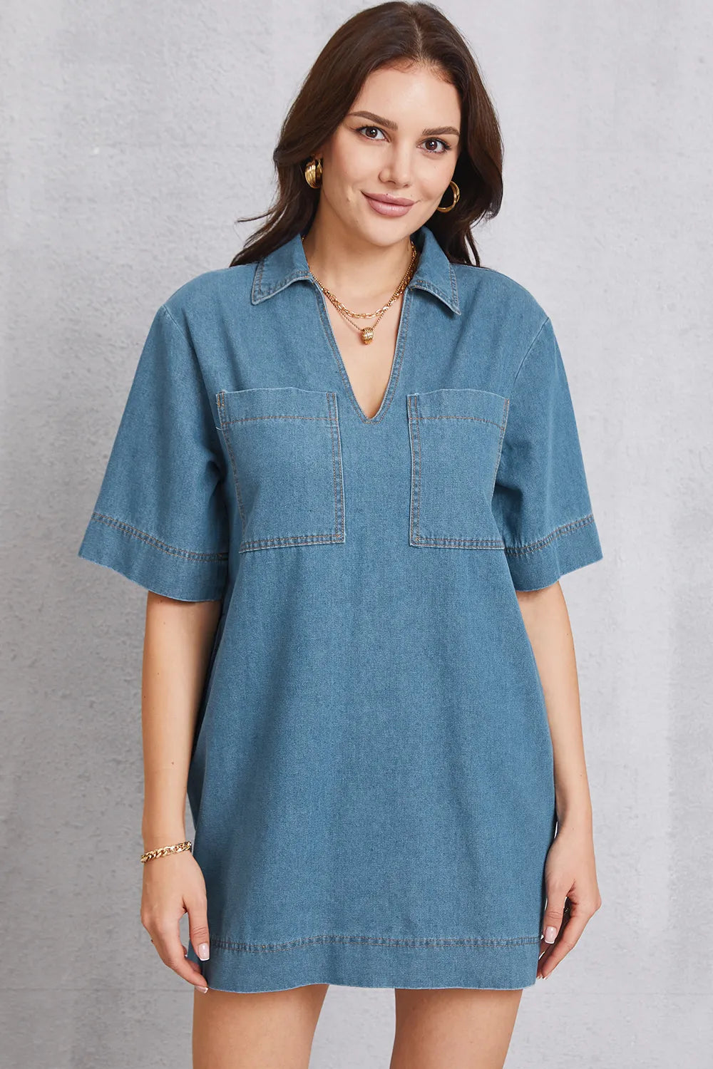 Pocketed Collared Neck Mini Denim Dress — view 9