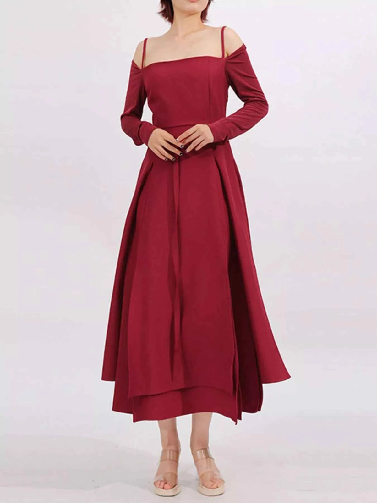 Slit Spaghetti Strap Long Sleeve Dress — view 2