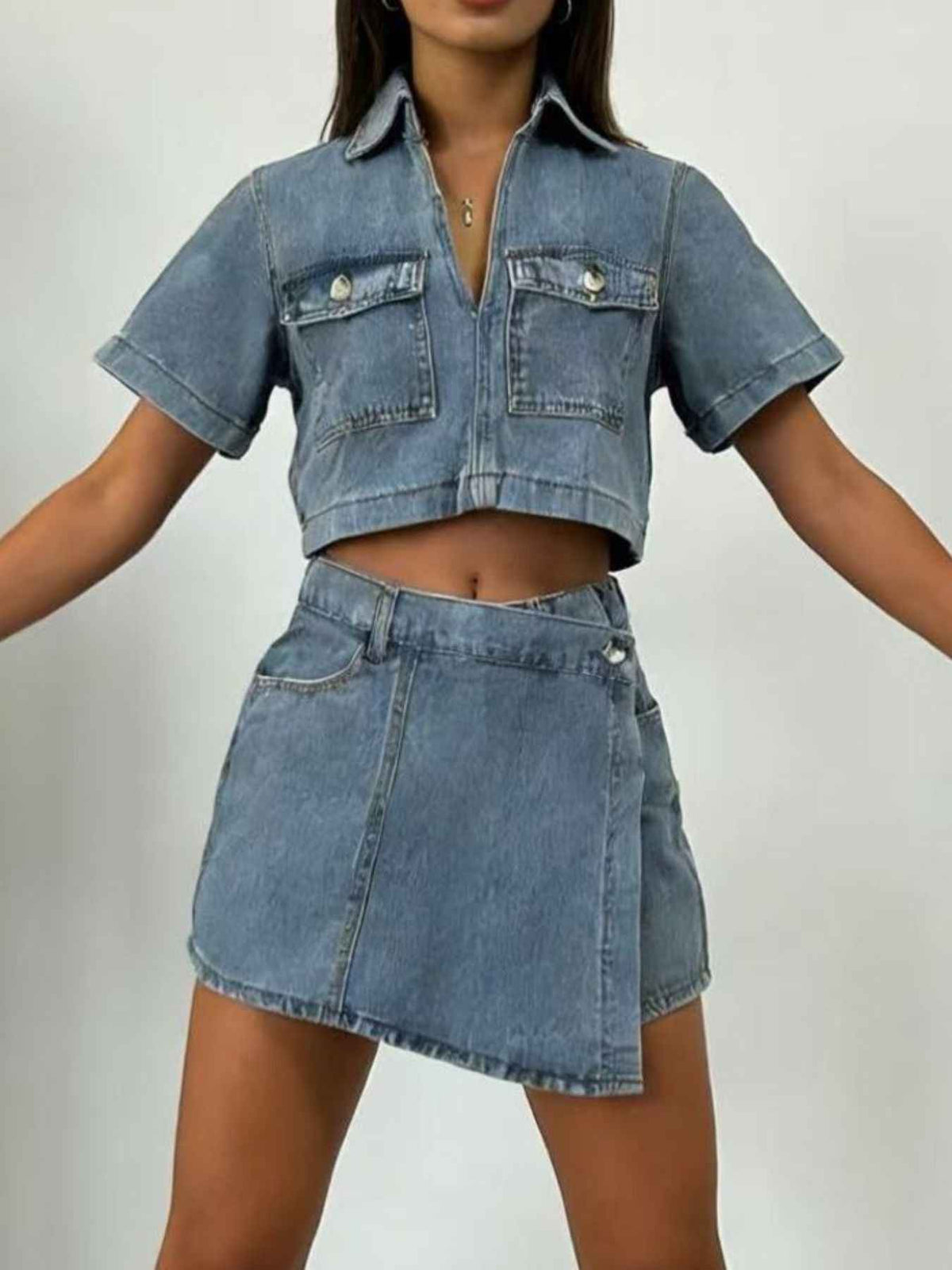 Short Sleeve Cropped Top and Skort Denim Set – Effortless Style — view 3