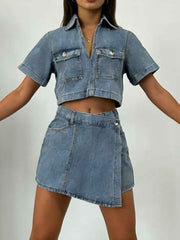 Short Sleeve Cropped Top and Skort Denim Set – Effortless Style — view 3