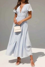 V-Neck Puff Short Sleeve Midi Dress - Effortless Elegance — view 1
