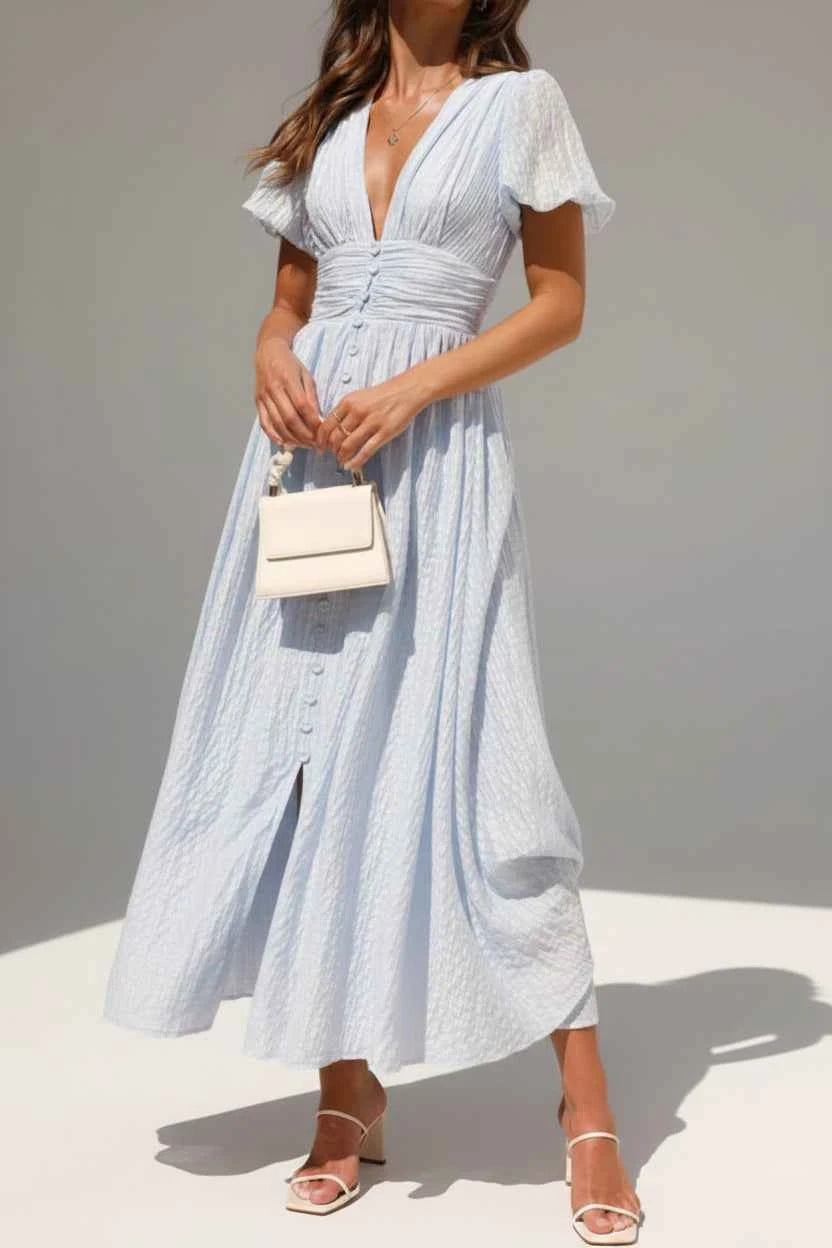 V-Neck Puff Short Sleeve Midi Dress - Effortless Elegance