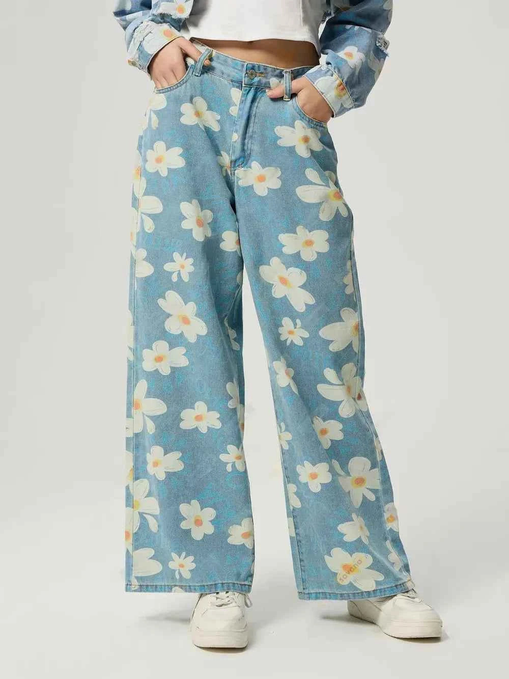 Pocketed Floral Wide Leg Jeans — view 1