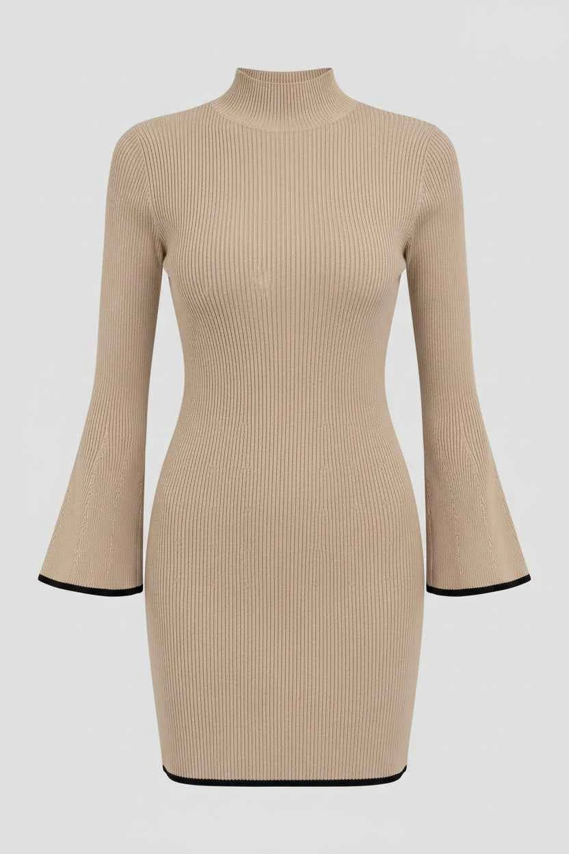 Ribbed Mock Neck Flare Sleeve Sweater Dress — view 4