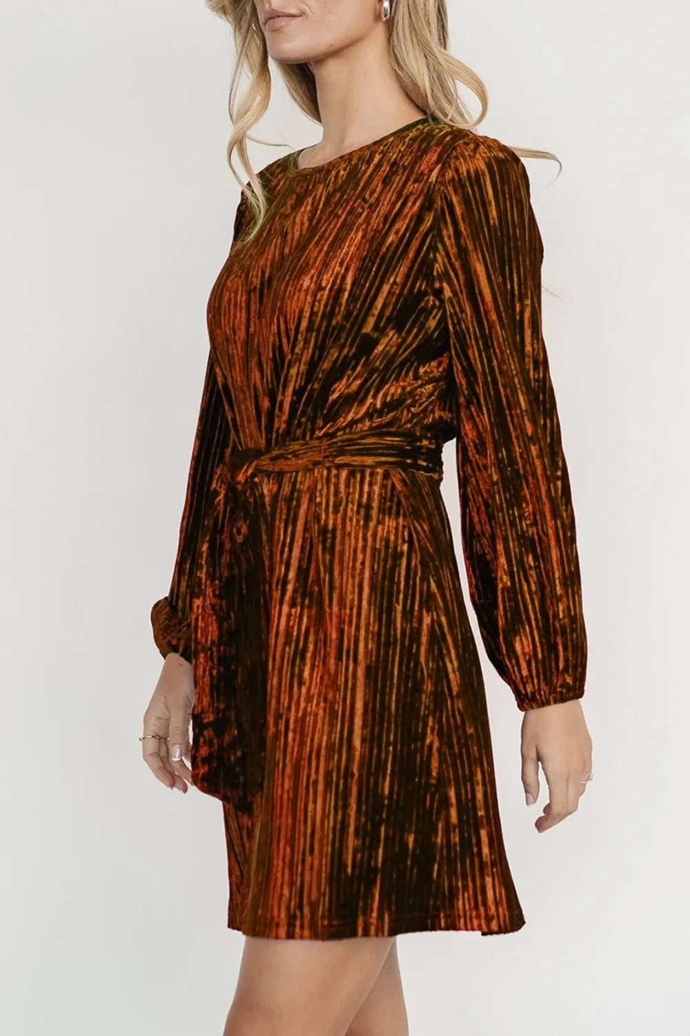 Velvet Round Neck Tie Waist Long Sleeve Mini Dress — view 9