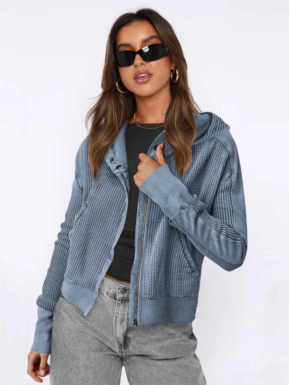 Waffle-Knit Dropped Shoulder Hooded Jacket - Ultimate Comfort Wear — view 4