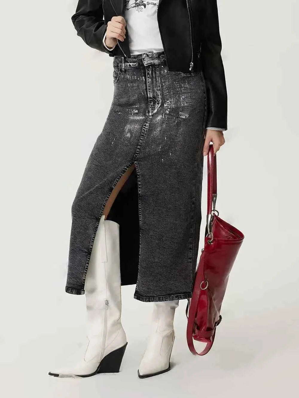 Slit Midi Denim Skirt with Pockets — view 3