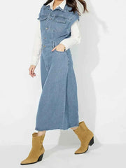 Slit Half Button Collared Neck Cap Sleeve Denim Dress — view 2