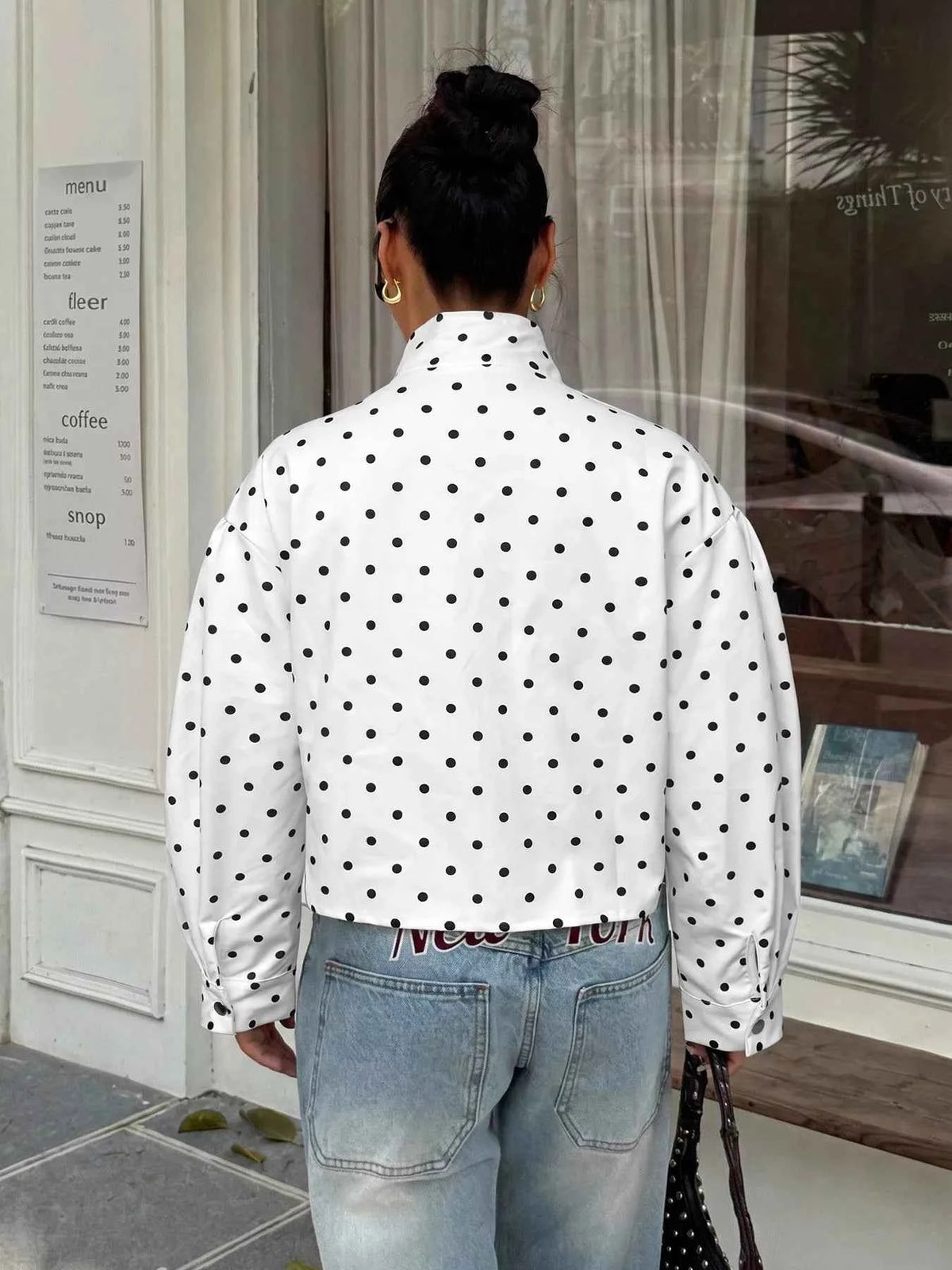Polka Dot Zip Up Cropped Jacket — view 5
