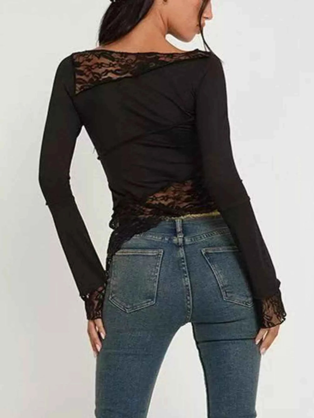 Asymmetrical Lace Trim Long Sleeve T-Shirt — alternate view