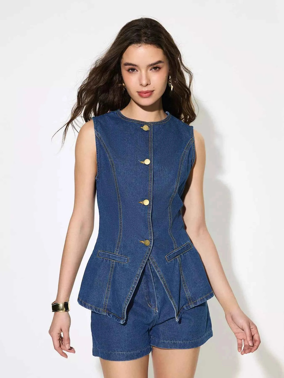 Button Up Sleeveless Denim Top — view 1