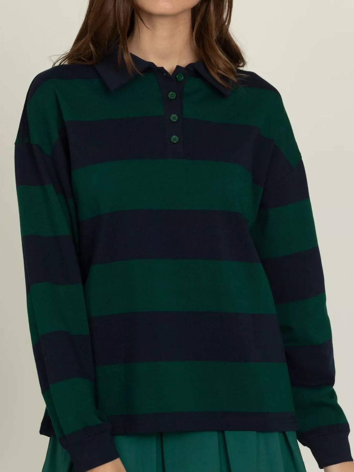 Striped Polo Collar Sweatshirt with Button Details — view 6