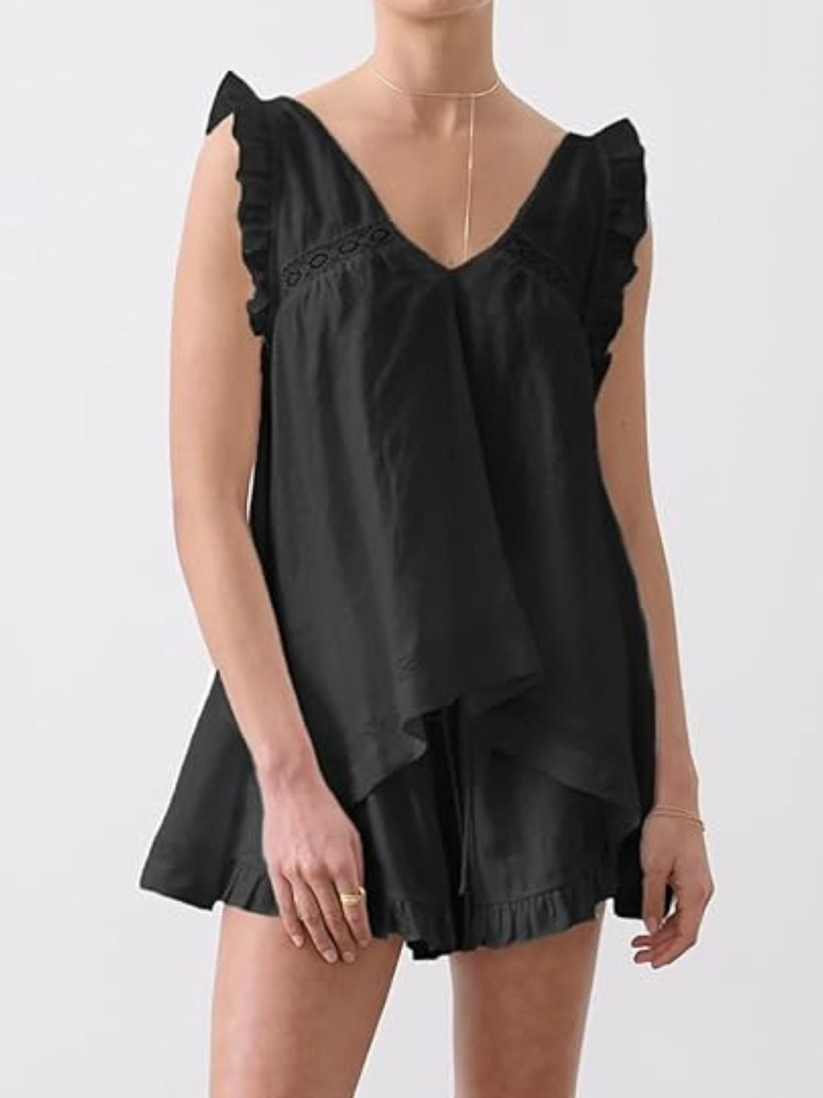 Ruffle Trim V-Neck Top and Shorts Set — view 13