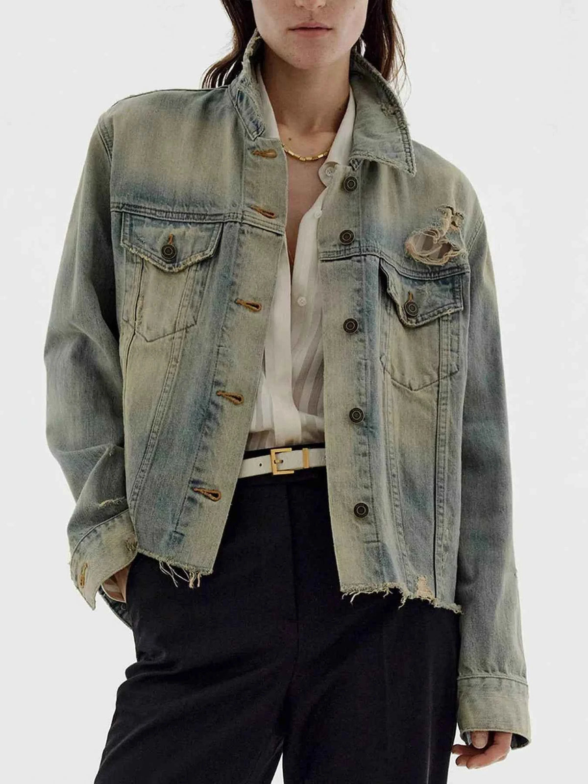Distressed Wash Button Up Denim Jacket - Effortlessly Stylish Layering — view 2