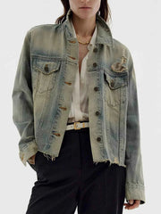 Distressed Wash Button Up Denim Jacket - Effortlessly Stylish Layering — view 2
