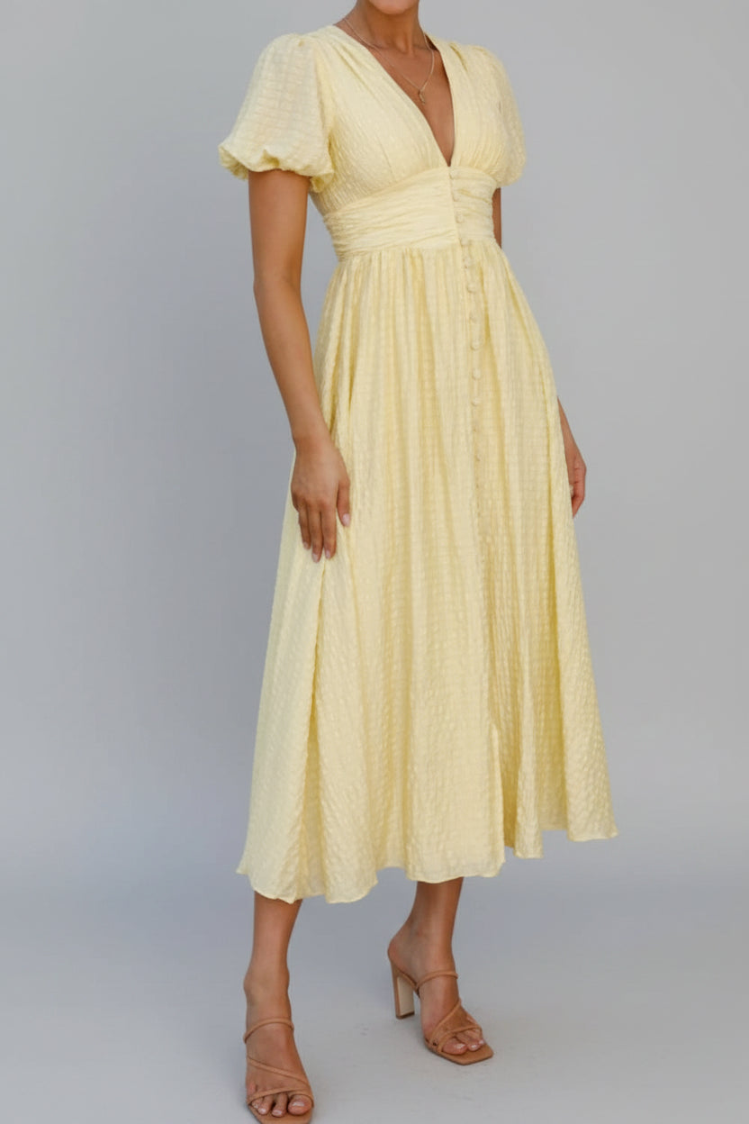V-Neck Puff Short Sleeve Midi Dress - Effortless Elegance — view 12