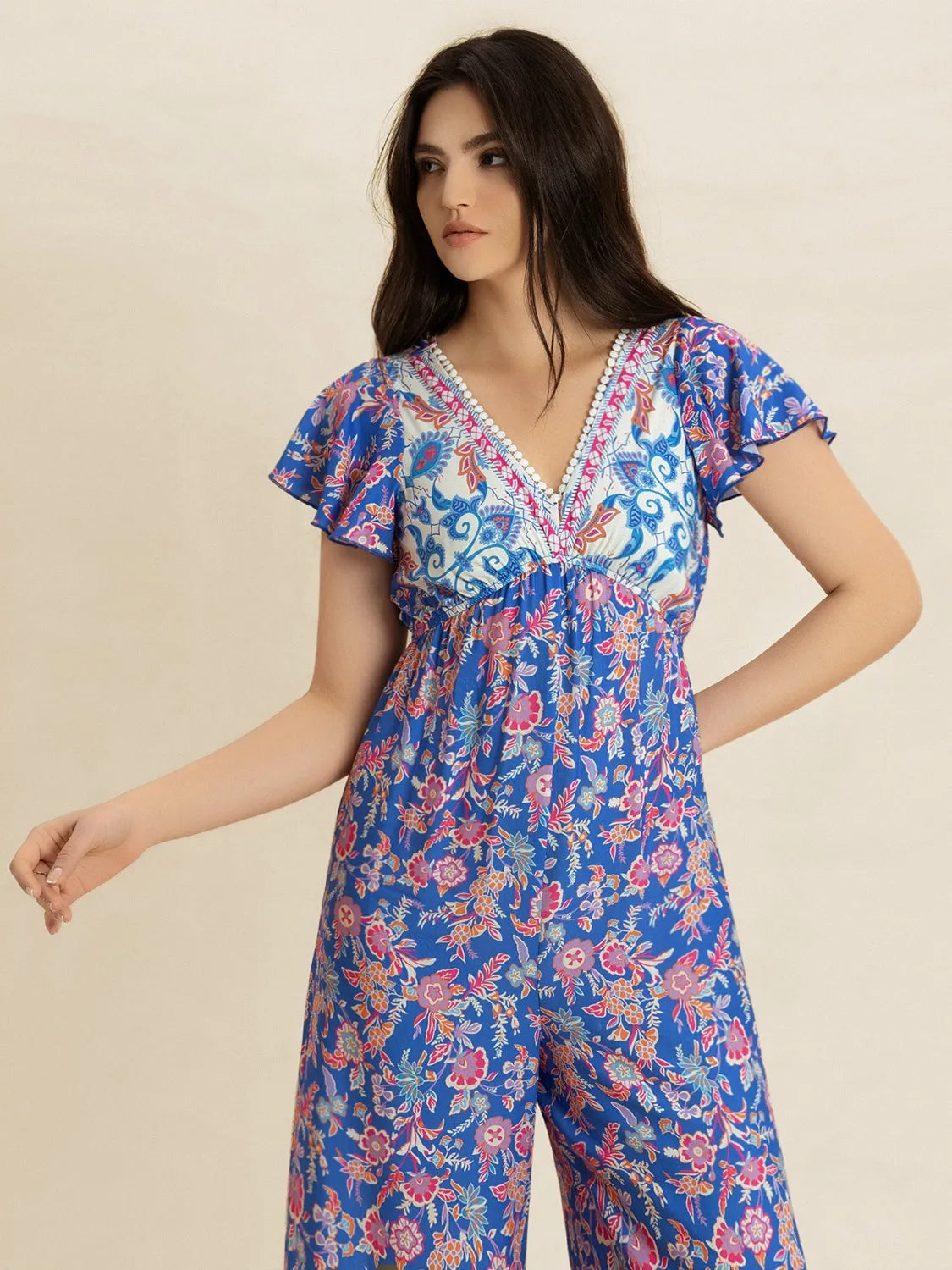 Printed V-Neck Wide Leg Jumpsuit — view 7