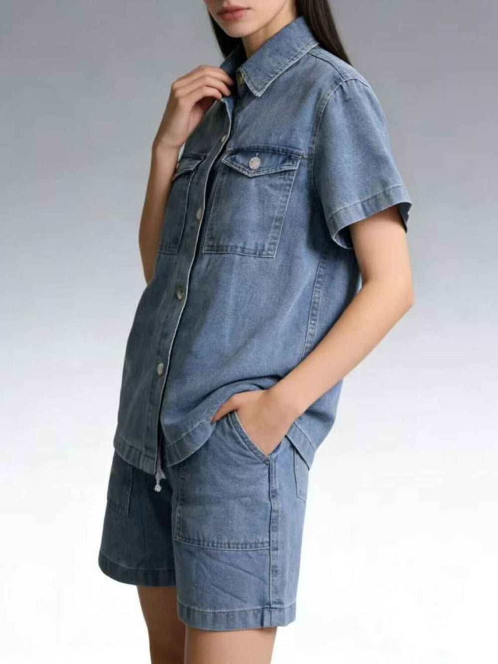 Button Up Short Sleeve Top and Shorts Denim Set — alternate view