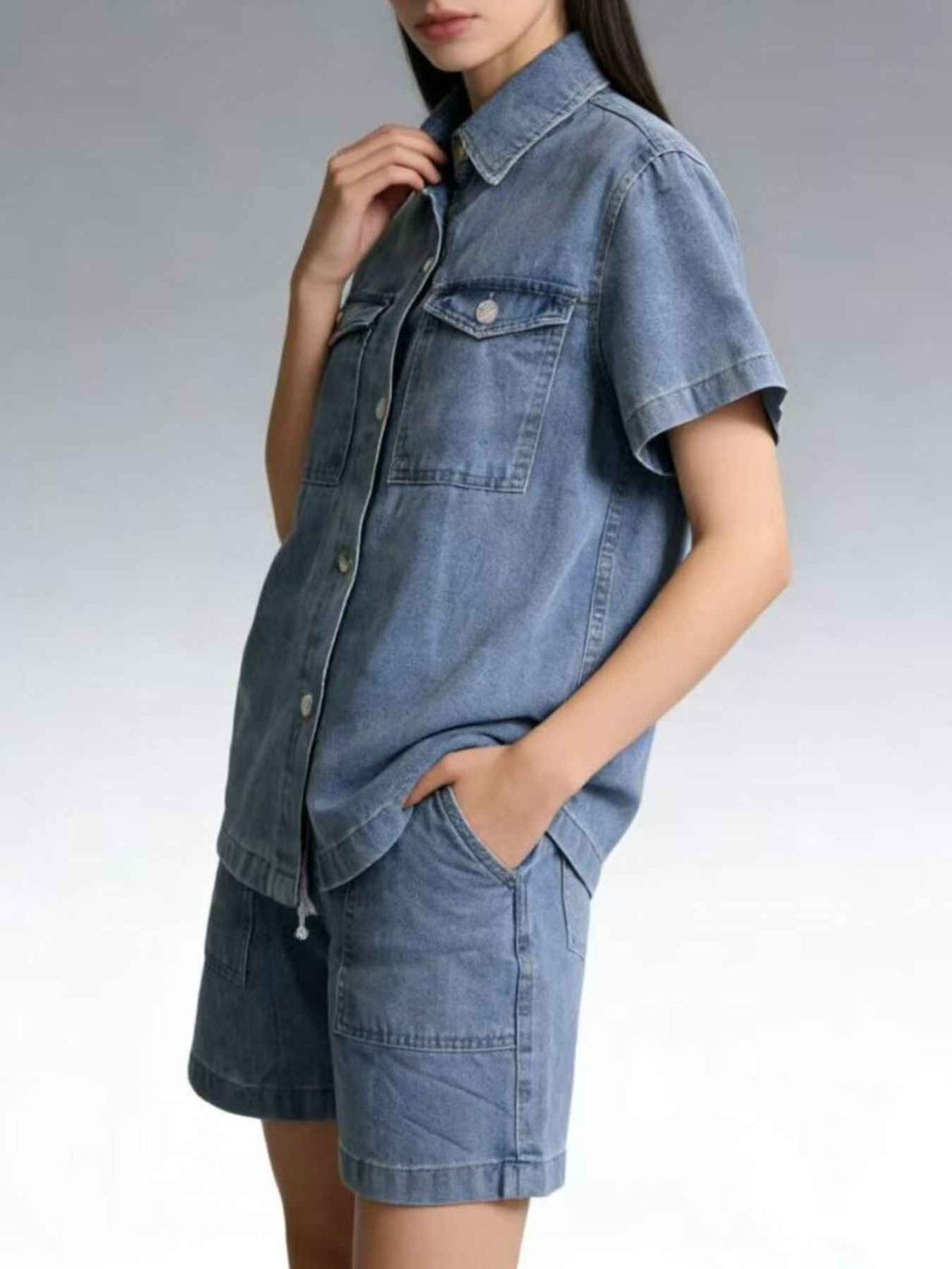 Button Up Short Sleeve Top and Shorts Denim Set — view 2