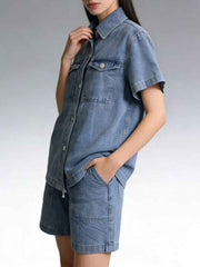 Button Up Short Sleeve Top and Shorts Denim Set — view 2