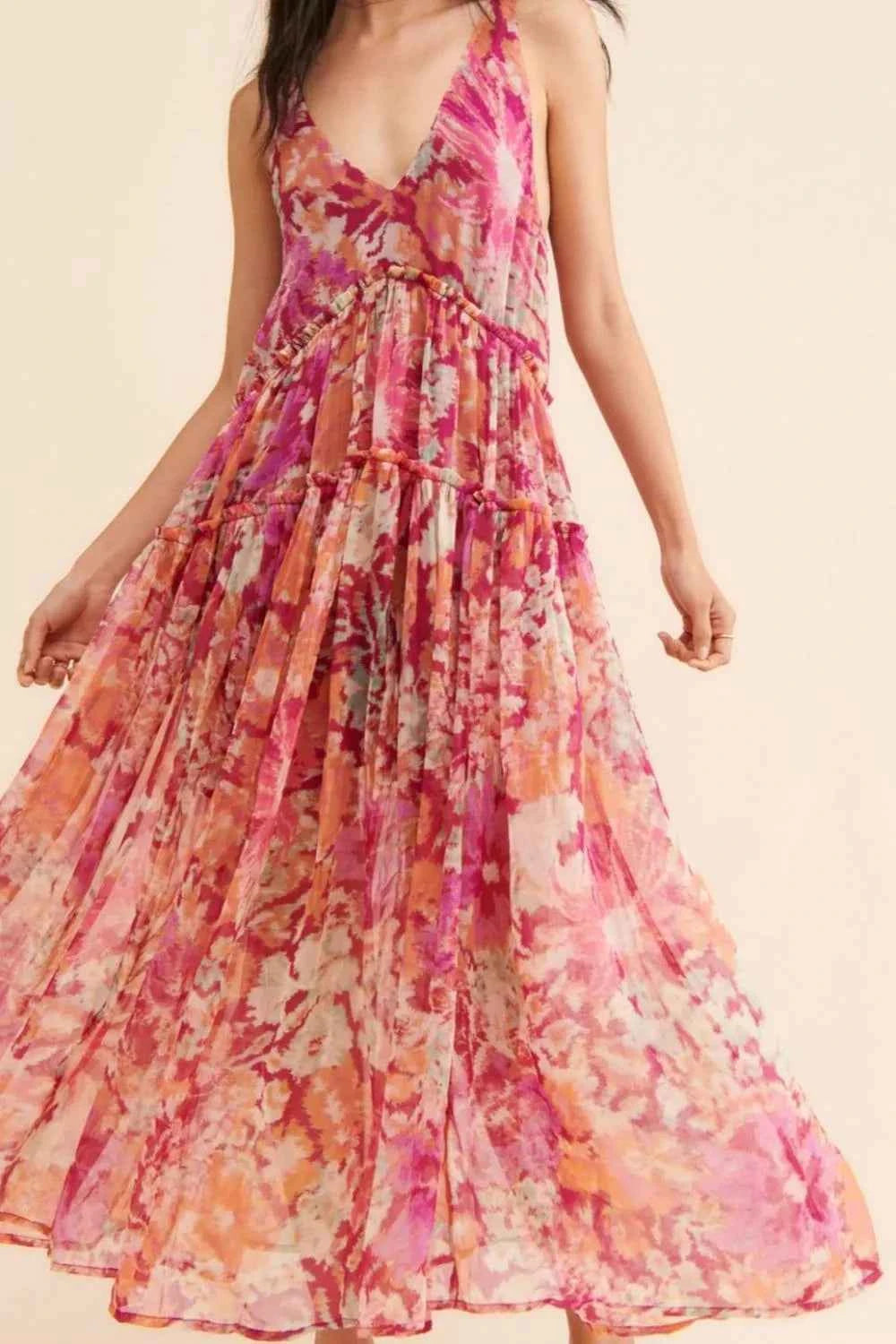 Frill Printed V-Neck Midi Dress