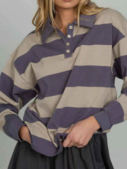 Striped Polo Collar Sweatshirt with Button Details — view 1