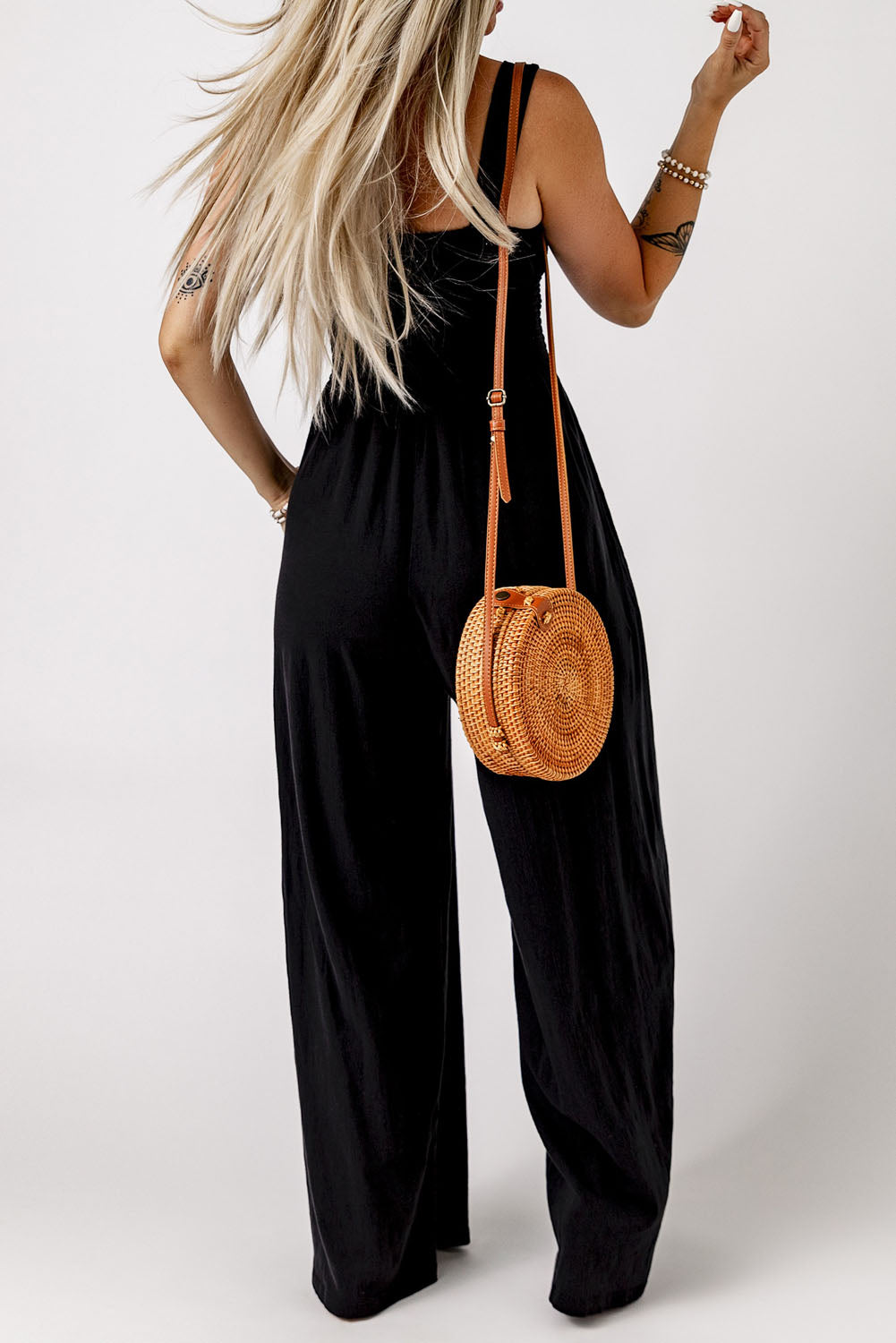 Smocked Square Neck Wide Leg Jumpsuit with Pockets — view 3