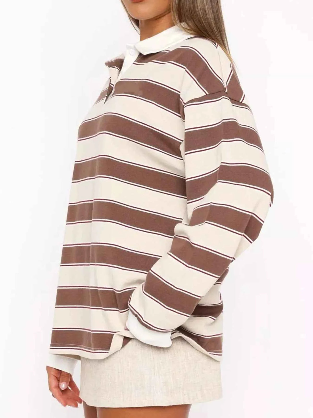 Striped Button Detail Long Sleeve Polo — view 2