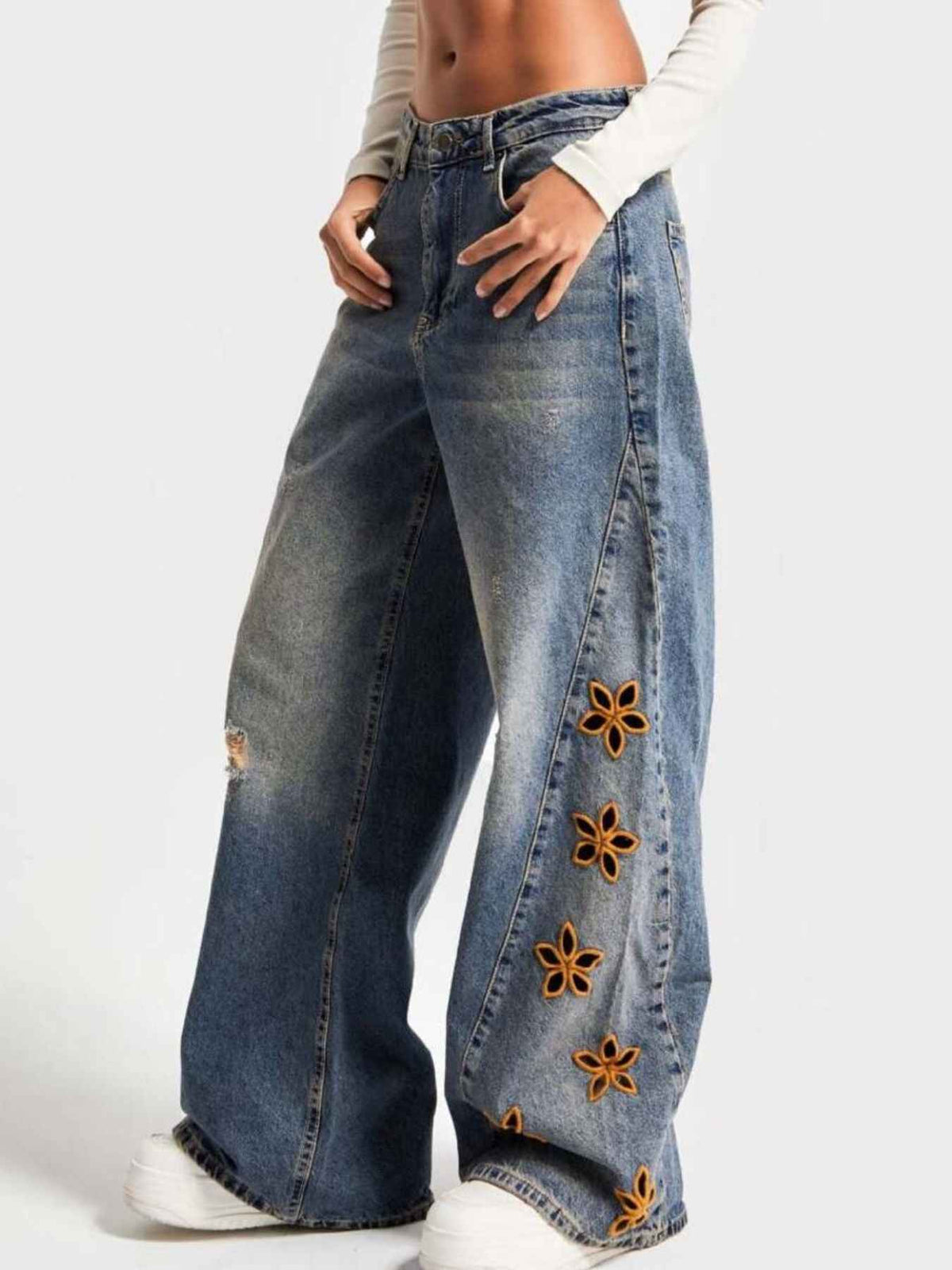 Floral Embroidered Wide Leg Jeans - Elevate Your Style — view 2