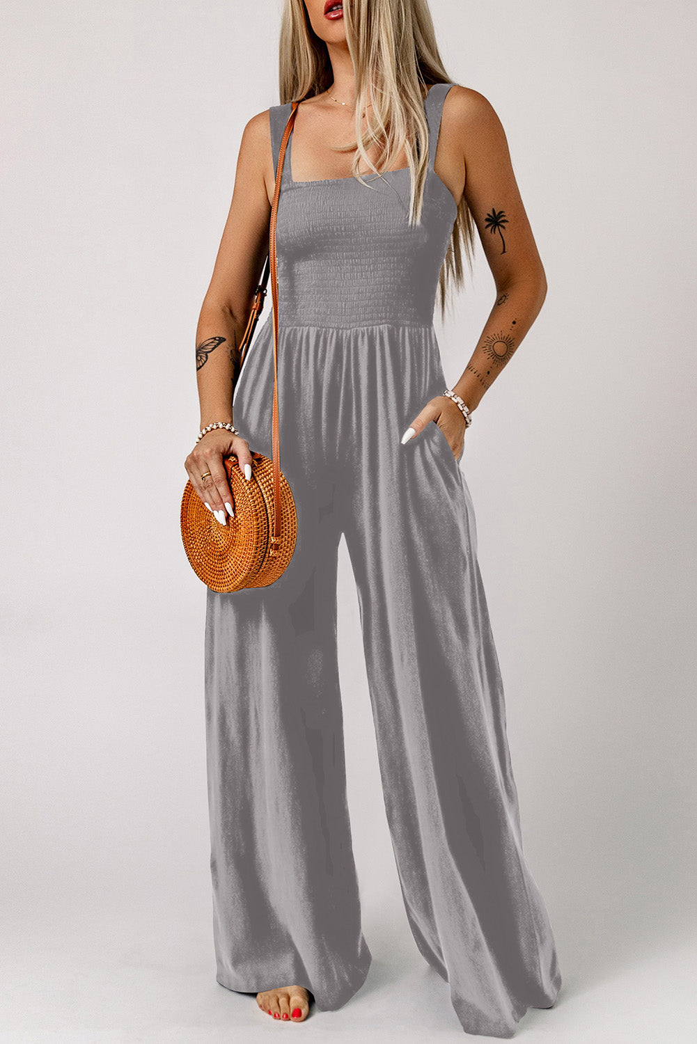 Smocked Square Neck Wide Leg Jumpsuit with Pockets — view 15