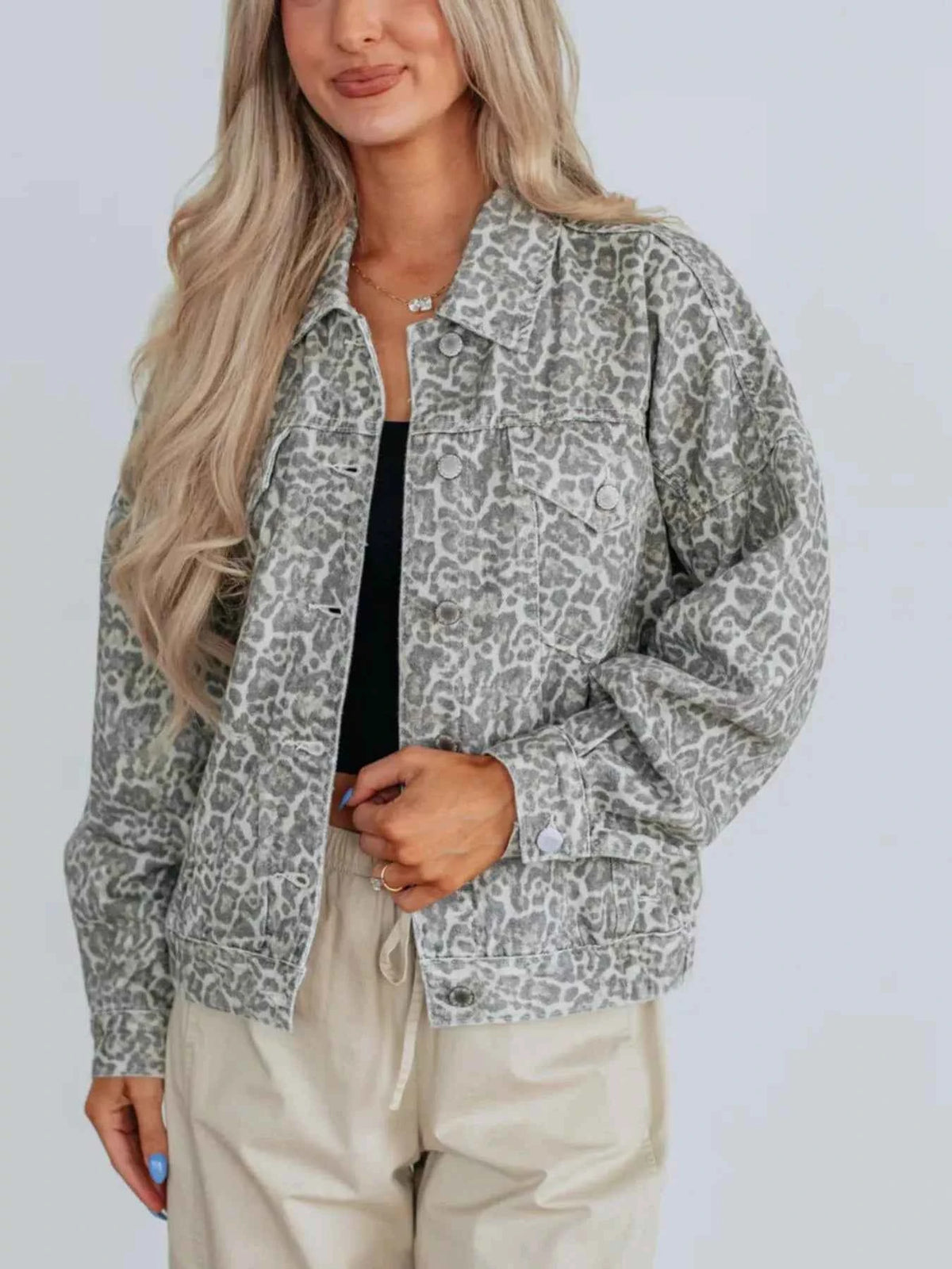 Leopard Button Up Denim Jacket - Stylish & Versatile