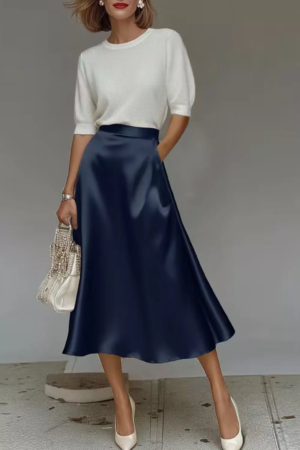 Elegant Satin A-Line Midi Skirt for Effortless Style — view 14