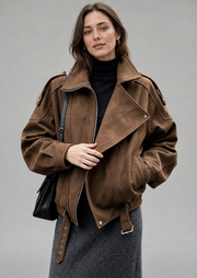 Asymmetrical Zipper Moto Jacket with Belt Detail — view 1