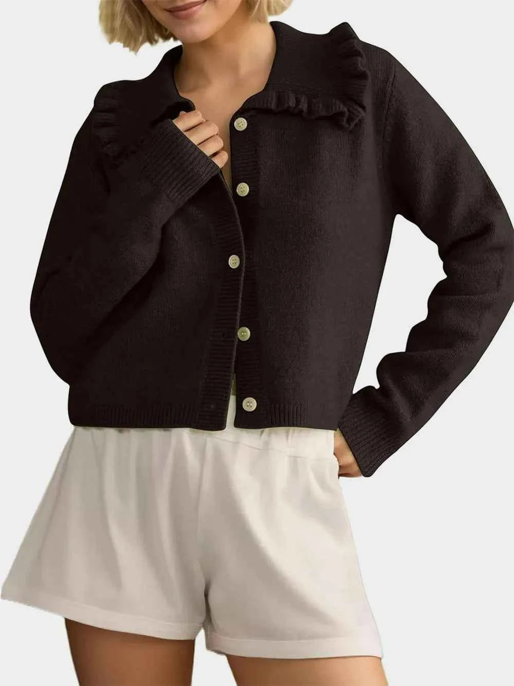 Button Up Long Sleeve Cardigan with Peter Pan Collar — view 4