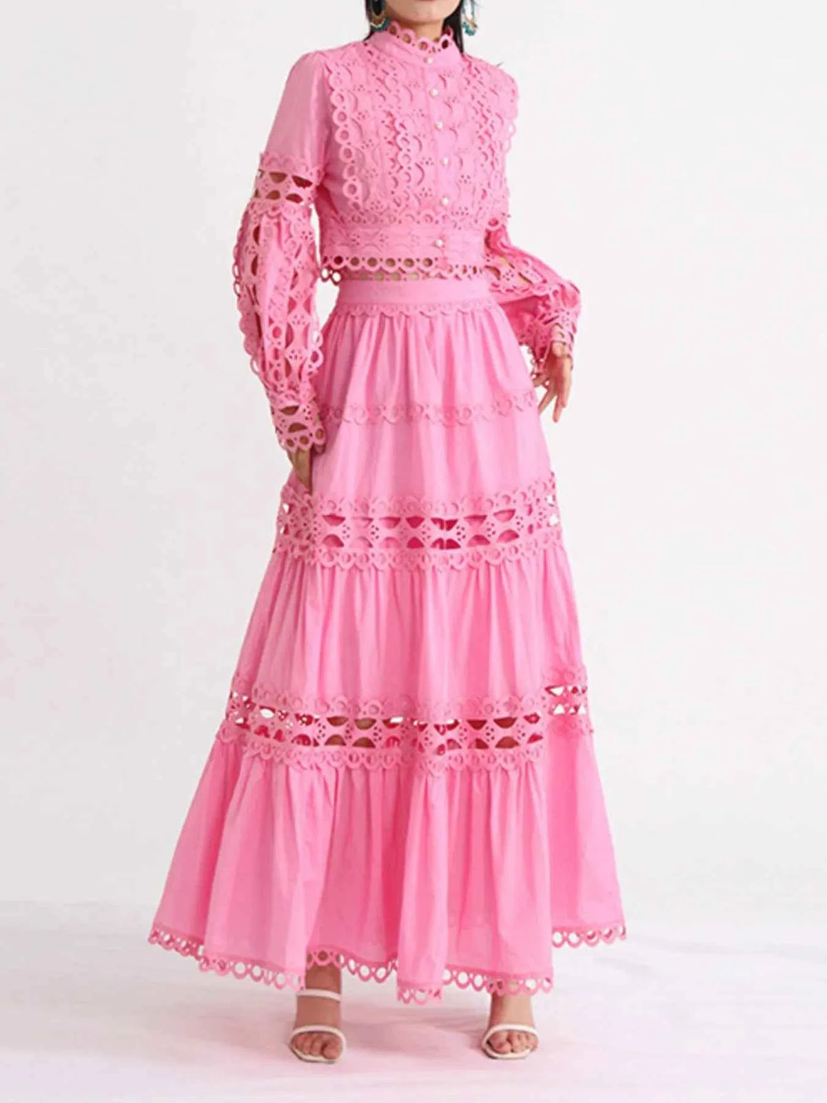 Lace Button Up Long Sleeve Top and Skirt Set — view 1