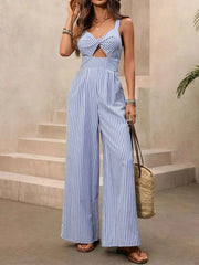 Striped Cutout Knot Front Wide Leg Jumpsuit — view 1