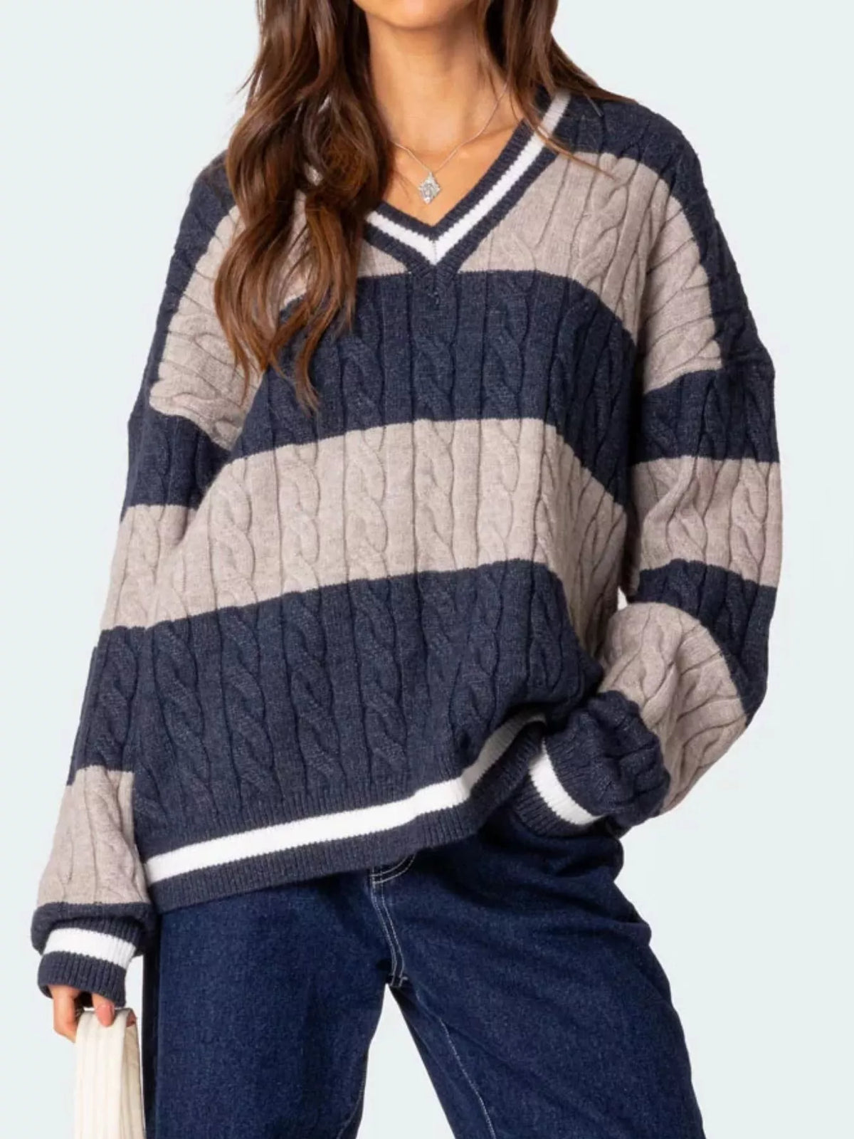 Striped Cable Knit V-Neck Sweater — view 10