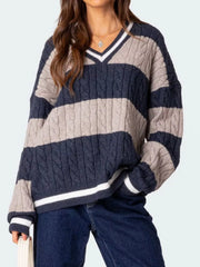 Striped Cable Knit V-Neck Sweater — view 10