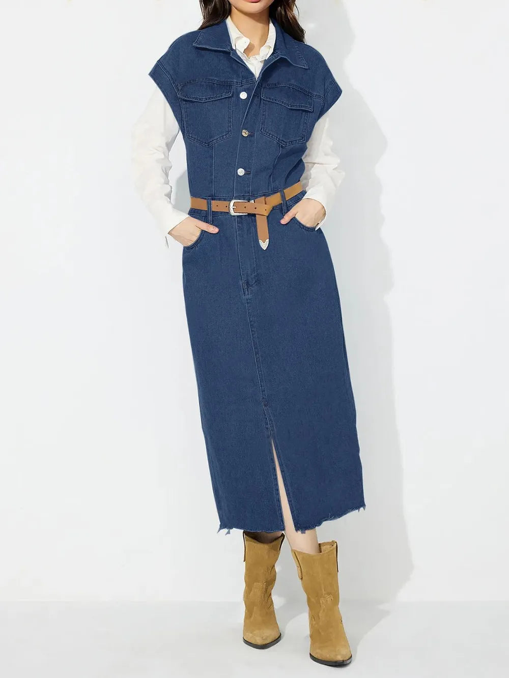 Slit Half Button Collared Neck Cap Sleeve Denim Dress — view 7
