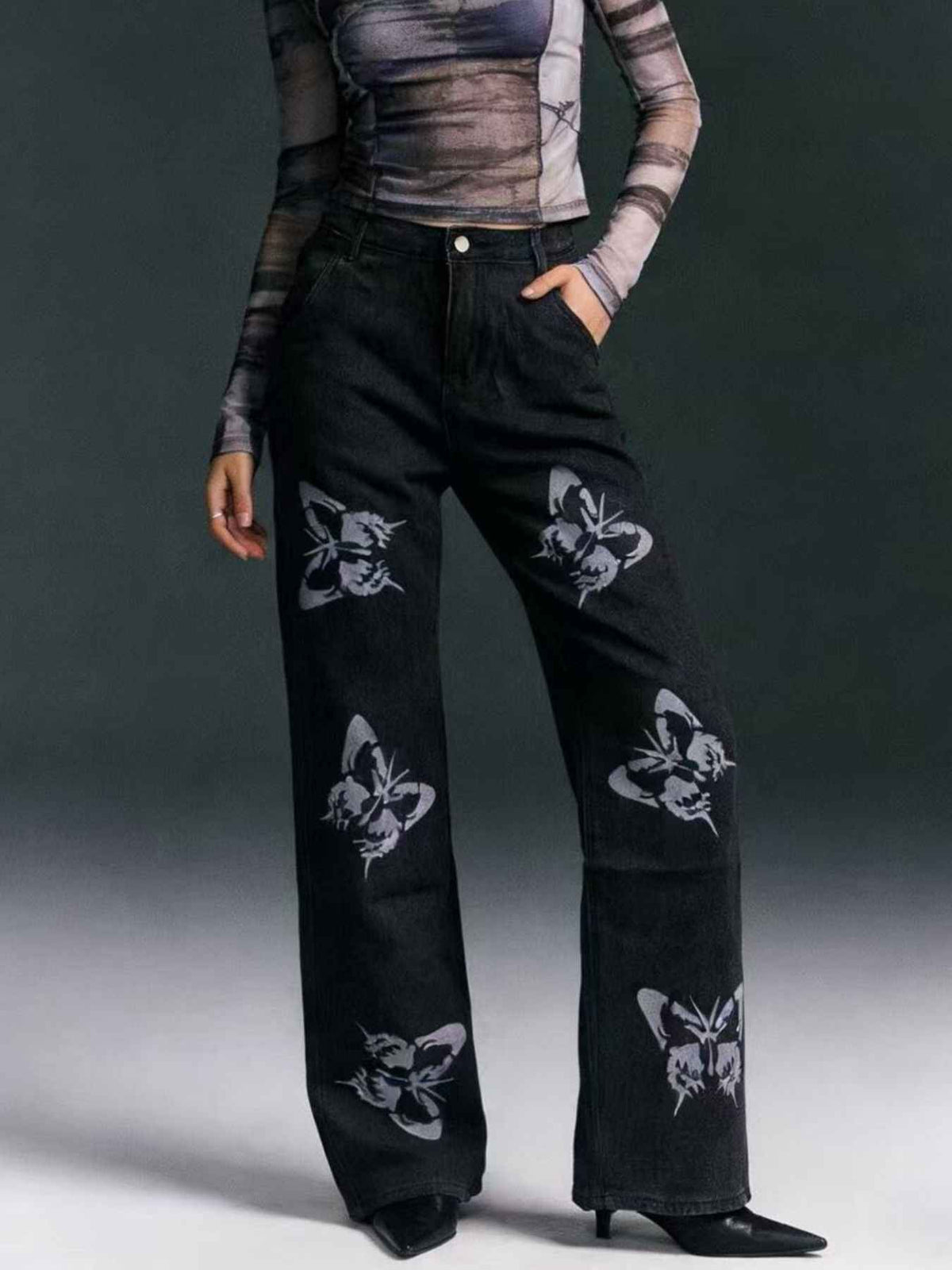 Butterfly Print High-Waisted Wide Leg Jeans — view 1