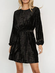 Velvet Round Neck Tie Waist Long Sleeve Mini Dress — view 12