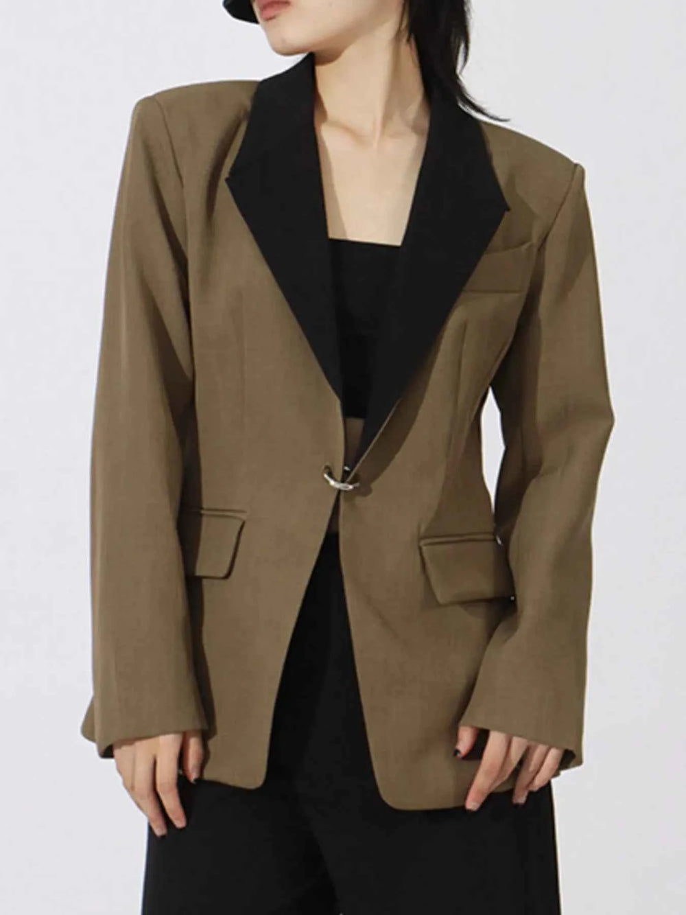 Contrast Lapel Collar Long Sleeve Blazer — alternate view