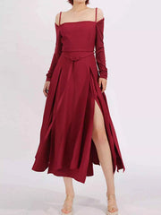 Slit Spaghetti Strap Long Sleeve Dress — view 1
