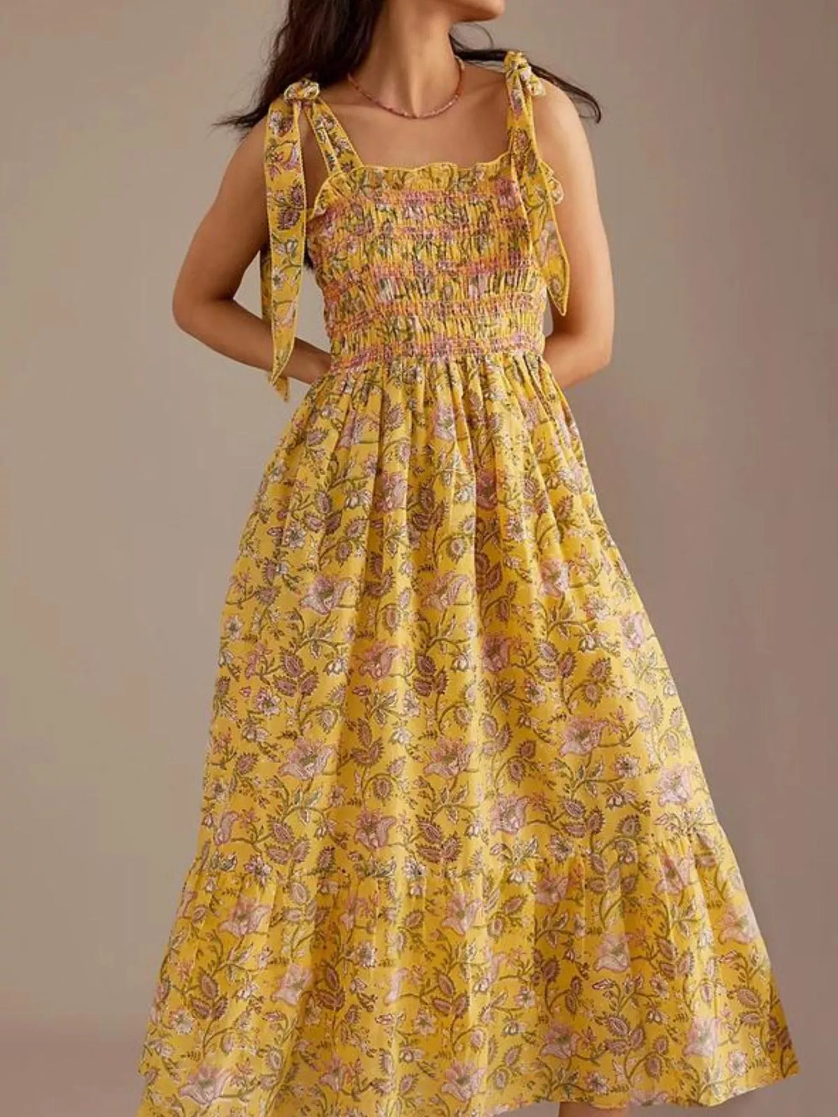 Floral Smocked Tie-Shoulder Midi Dress — view 9