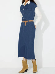 Slit Half Button Collared Neck Cap Sleeve Denim Dress — view 6