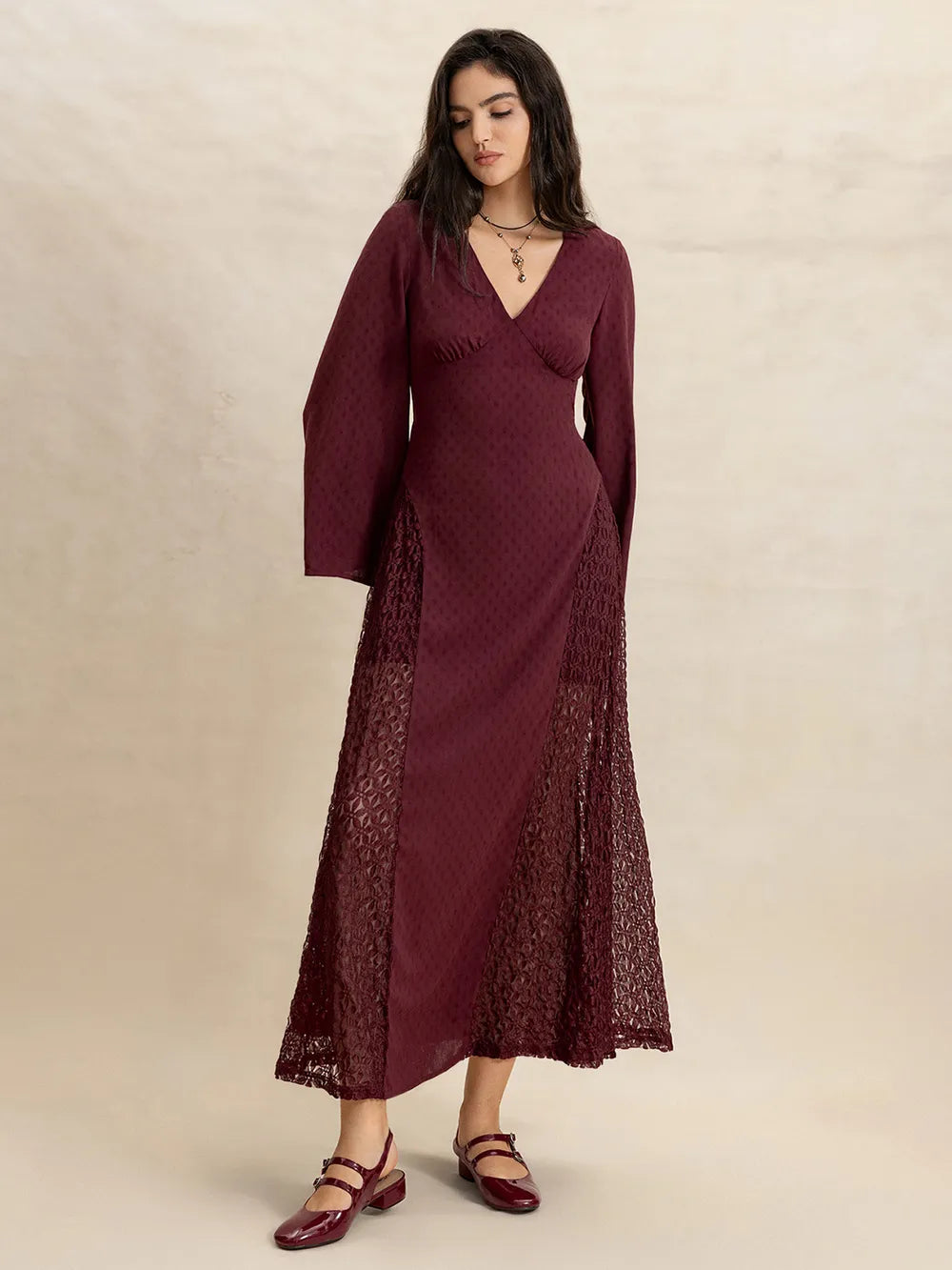 Lace Patchwork V-Neck Long Sleeve Midi Dress — view 6