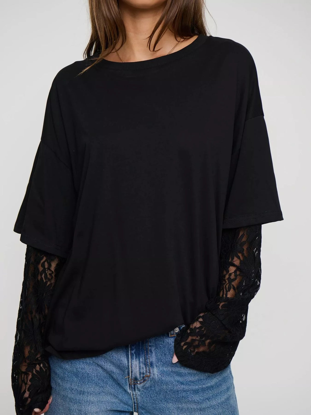 Layered Lace-Sleeve T-Shirt — view 6