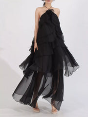 Ruffled Chiffon Halter Neck Maxi Dress — view 9