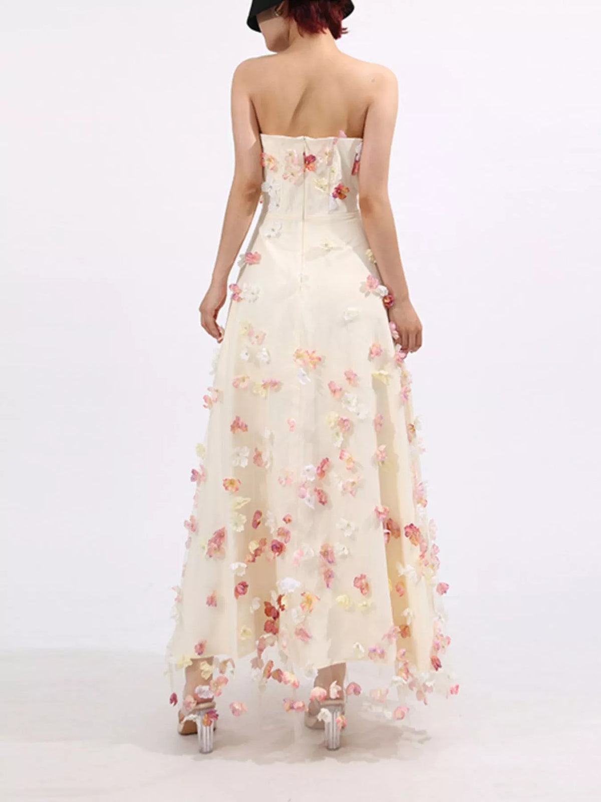 Floral Applique Strapless Tulle Maxi Dress — view 10