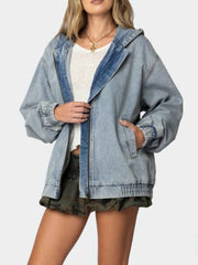 Hooded Oversized Zip Up Denim Jacket — view 3